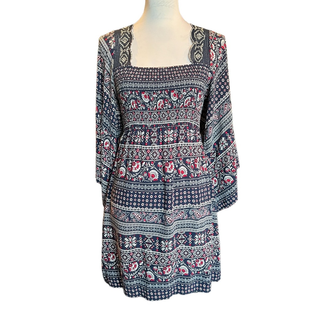 Flying Tomato Fitted Square Neck Empire Waist Dress Self‎ Tie Back Wide Sleeves